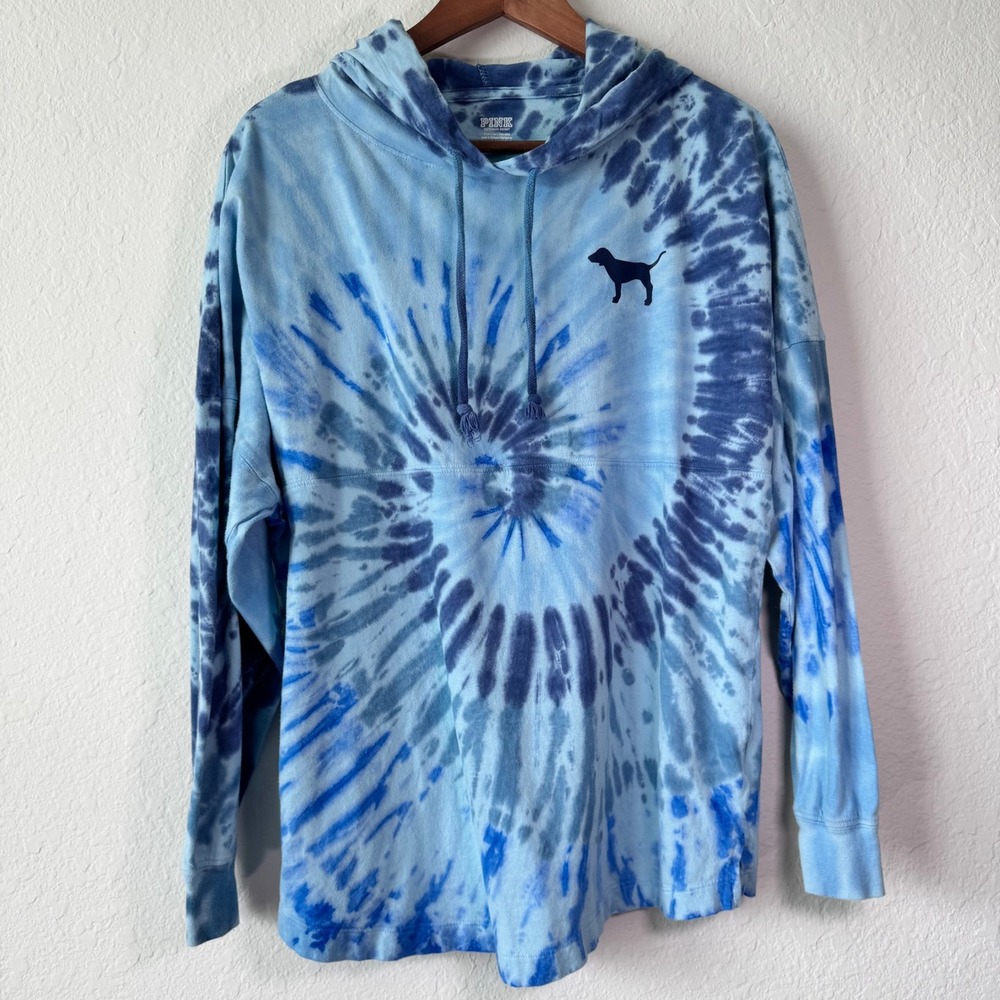 PINK Victoria's Secret Blue Tie Dye Hoodie Small Long Sleeve Dog Logo 855134-QCR